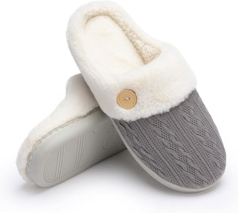 Womens Slipper Warm Comfy Memory Foam House Slippers Knitted Shoes Faux Fur Lined Anti-Skid Rubber Sole Bedroom Cozy Indoor Outdoor Slippers
