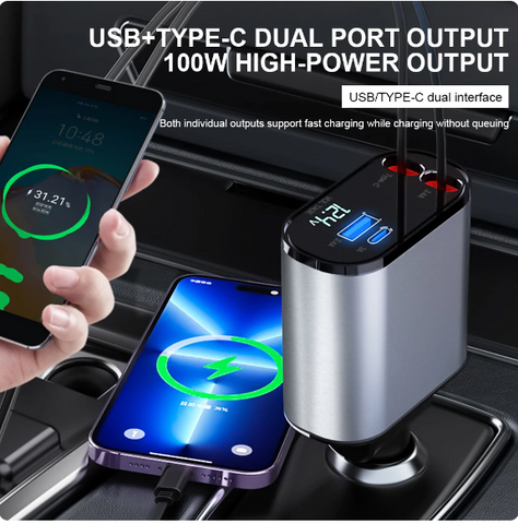 120W 4 IN 1 Retractable Car Charger USB Type C Cable for IPhone Xiaomi Samsung Fast Charging Cord Cigarette Lighter Adapter