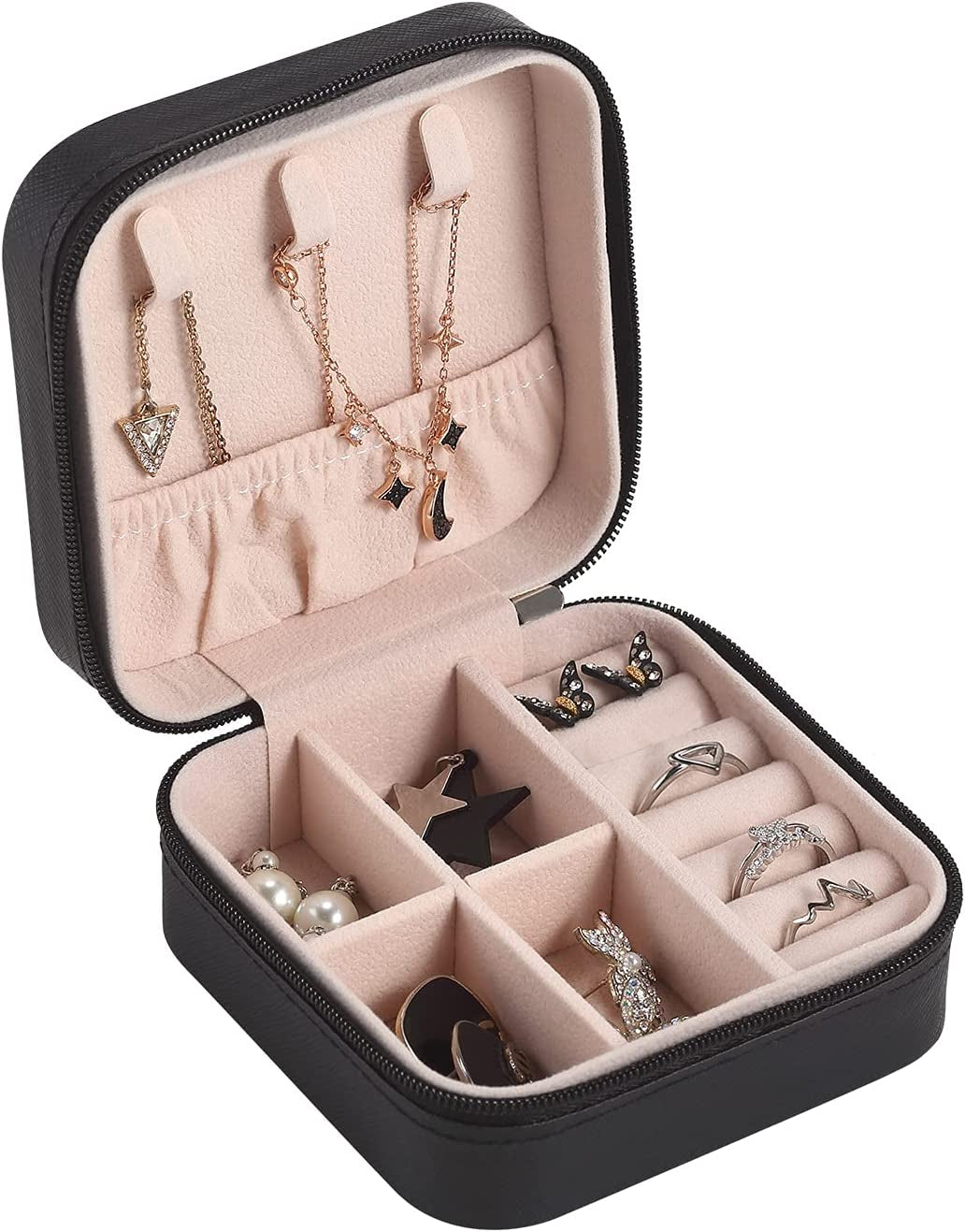 Travel Jewelry Case, Small Jewelry Box Portable Jewelry Travel Organizer Display Storage Case for Rings Earring Necklace Bracelet, Gift for Women Girls, Black