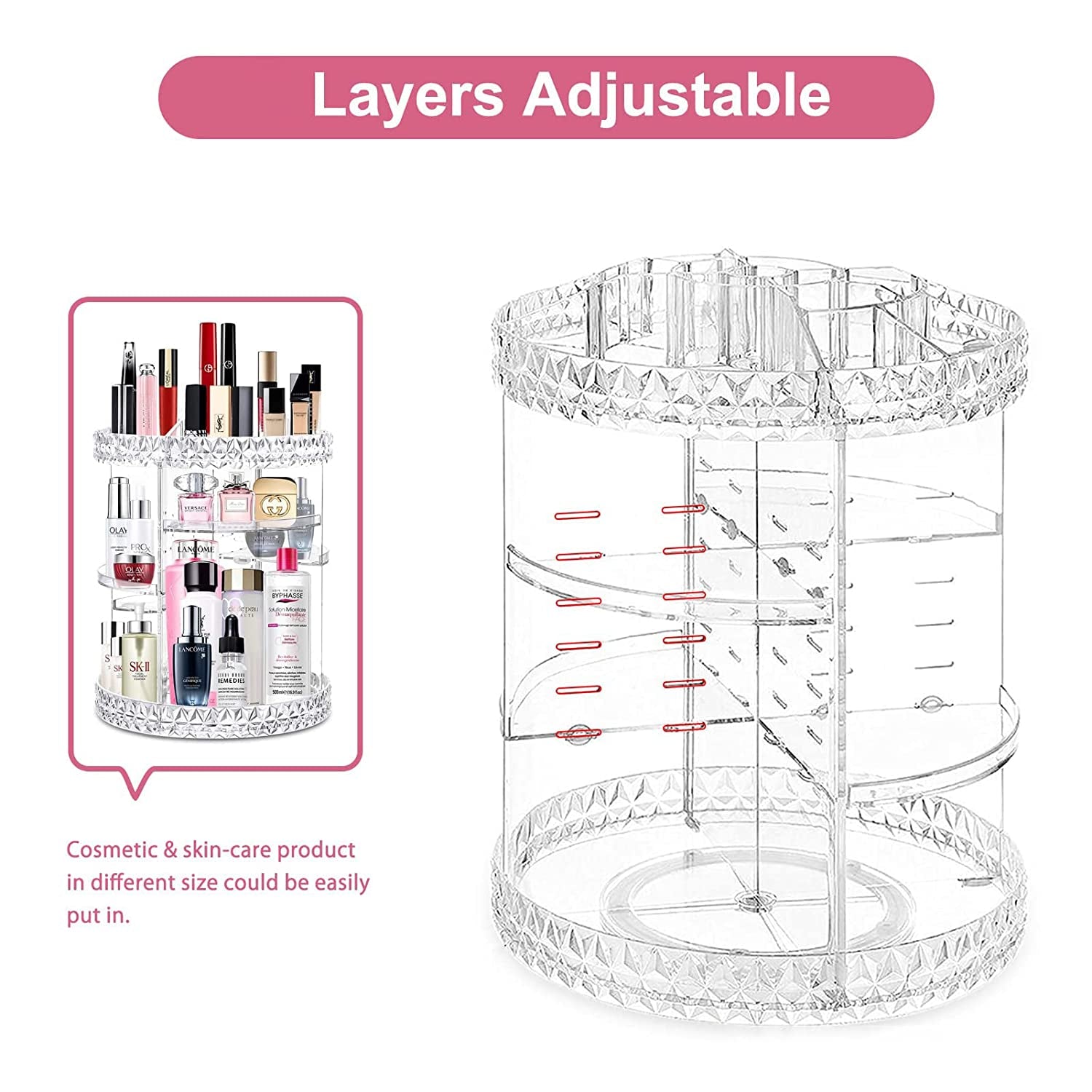 360 Rotating Makeup Organizer Perfume Organizer with 8 Adjustable Layer Clear Cosmetic Storage Display Case Large Capacity Acrylic Beauty Organizer for Vanity Countertop or Bedroom Dresser