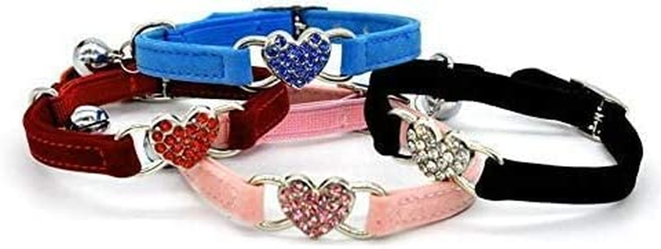 Pink Soft Velvet Safe Cat Adjustable Collar with Crystal Heart Charm and Bells 8-11 Inches(Black+Red+Pink+Blue)