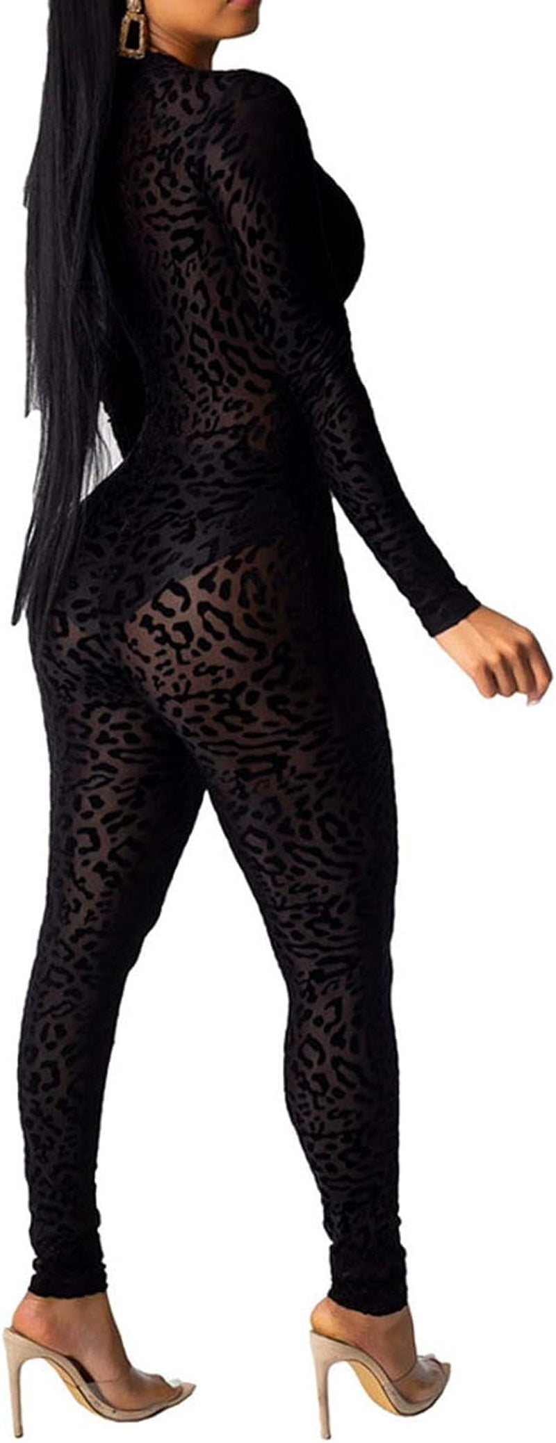 Women See through Bodycon Jumpsuit - One Piece Deep V Neck Outfits Sheer Mesh Leopard Clubwear Jumpsuit Rompers