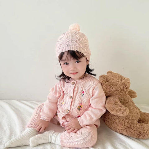 Baby Newborn Cotton Knitted Sweater Romper Longsleeve Outfit with Warm Hat Set