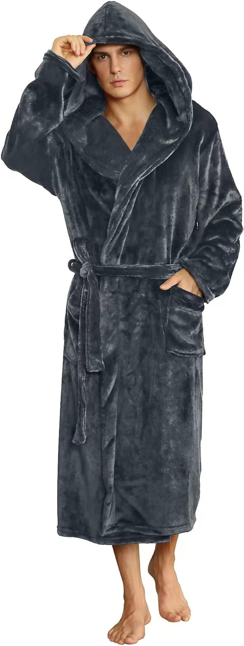 Mens Hooded Robe, Plush Robes for Men Long Fleece Bathrobe