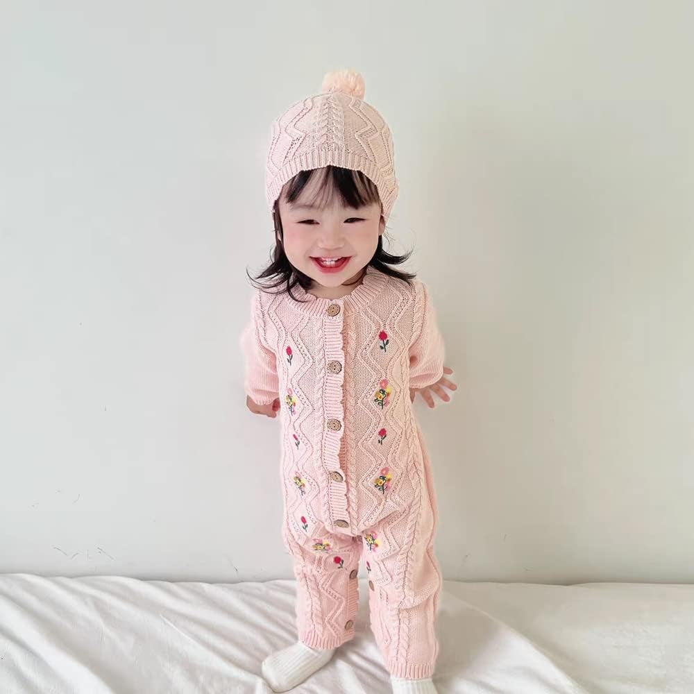 Baby Newborn Cotton Knitted Sweater Romper Longsleeve Outfit with Warm Hat Set