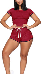 Biker Shorts Sets for Women - Cute Short Sleeve Crop Tops + Skinny Shorts Tracksuit Medium Wine Red