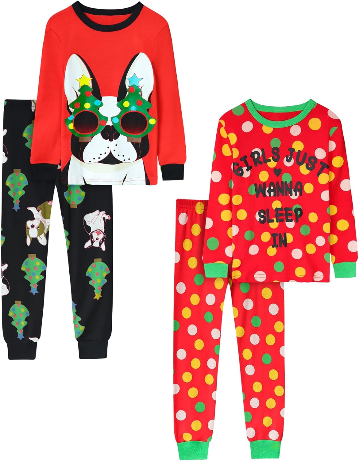 Girls 4-Piece Pajamas Cotton Winter Christmas Pjs Set Kids Sleepwear