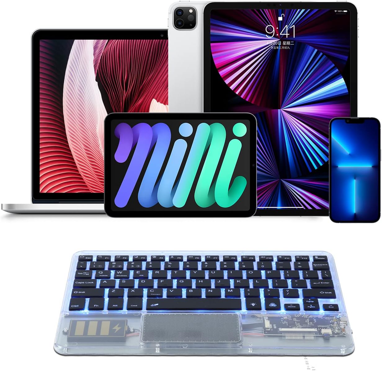 Ultra-Slim Bluetooth Keyboard 7 Colors Backlit Portable Mini Wireless Keyboard Rechargeable for Apple Ipad Iphone Samsung Tablet Phone Smartphone Ios Android Windows-Transparent
