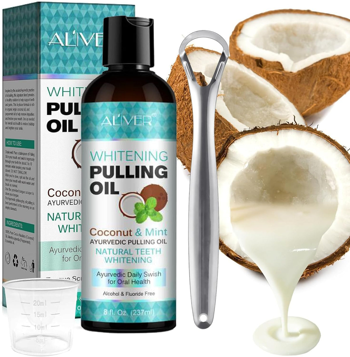 1 Pack Coconut Oil Pulling with Coconut & Peppermint Oil,Tongue Scraper and Measuring Cup inside the Box,Natural,Alcohol Free Mouthwash to Help with Fresh Breath,Teeth Whitening and Gum Health