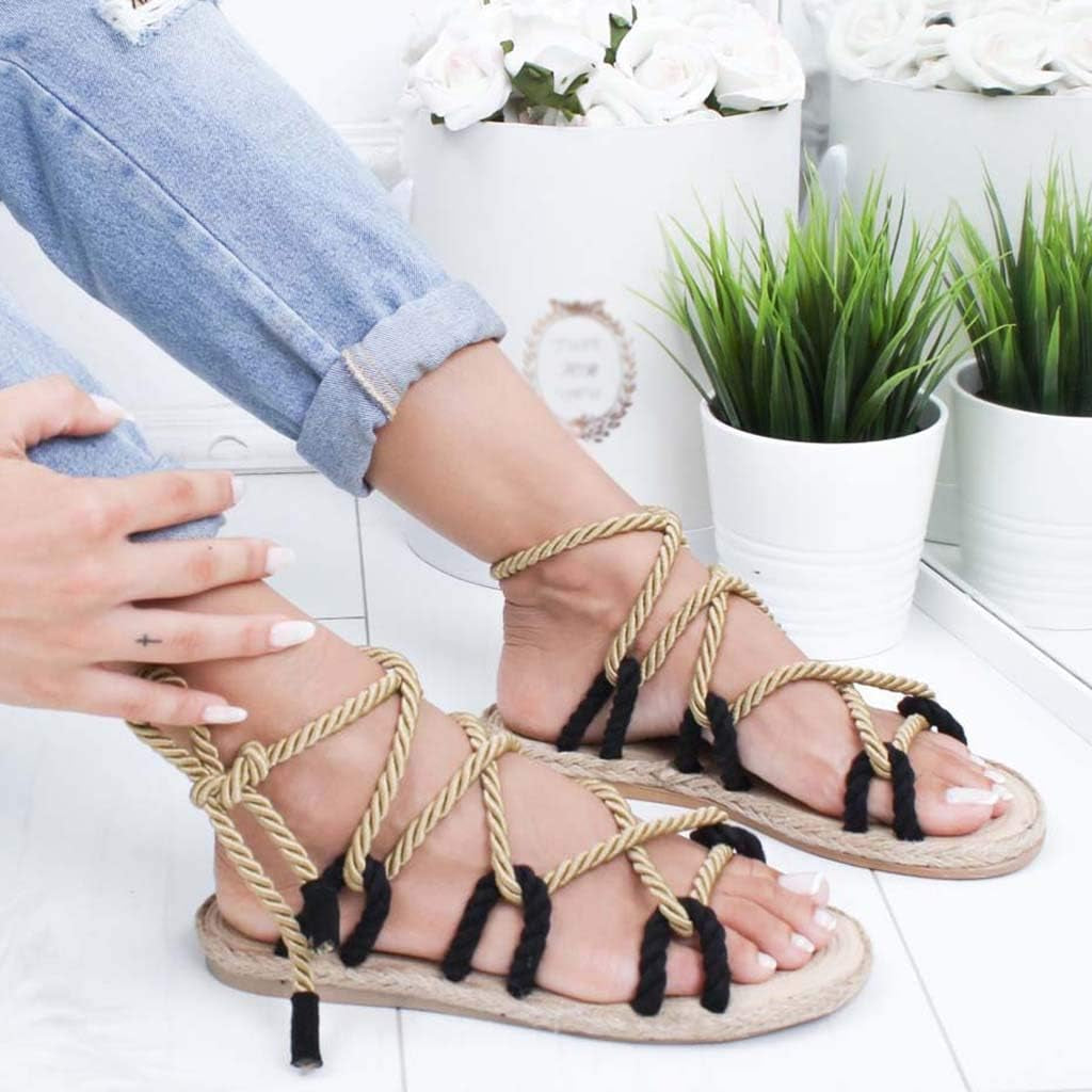 Women'S Summer Flat Sandals with Hemp Rope Flower Band Open Toe Ankle Strap Platform Sandals