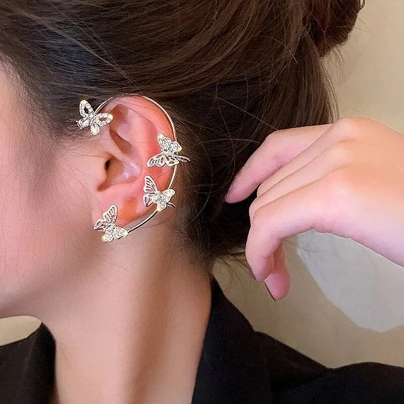 Silver Plated Metal Butterfly Ear Clips without Piercing for Women Sparkling Zircon Ear Cuff Clip Earrings Wedding Jewelry