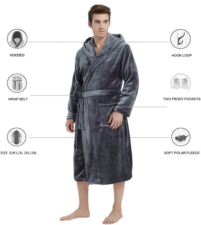 Mens Hooded Robe, Plush Robes for Men Long Fleece Bathrobe
