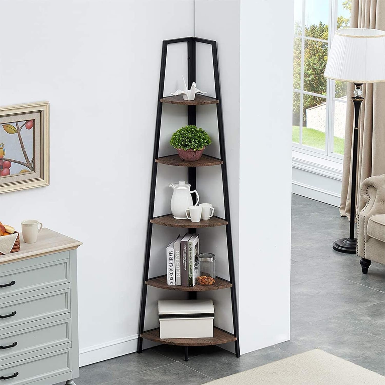 5-Shelf Corner Etagere Bookcase for Small Space, Industrial Tall Corner Bookshelf, Gray-Brown Finish