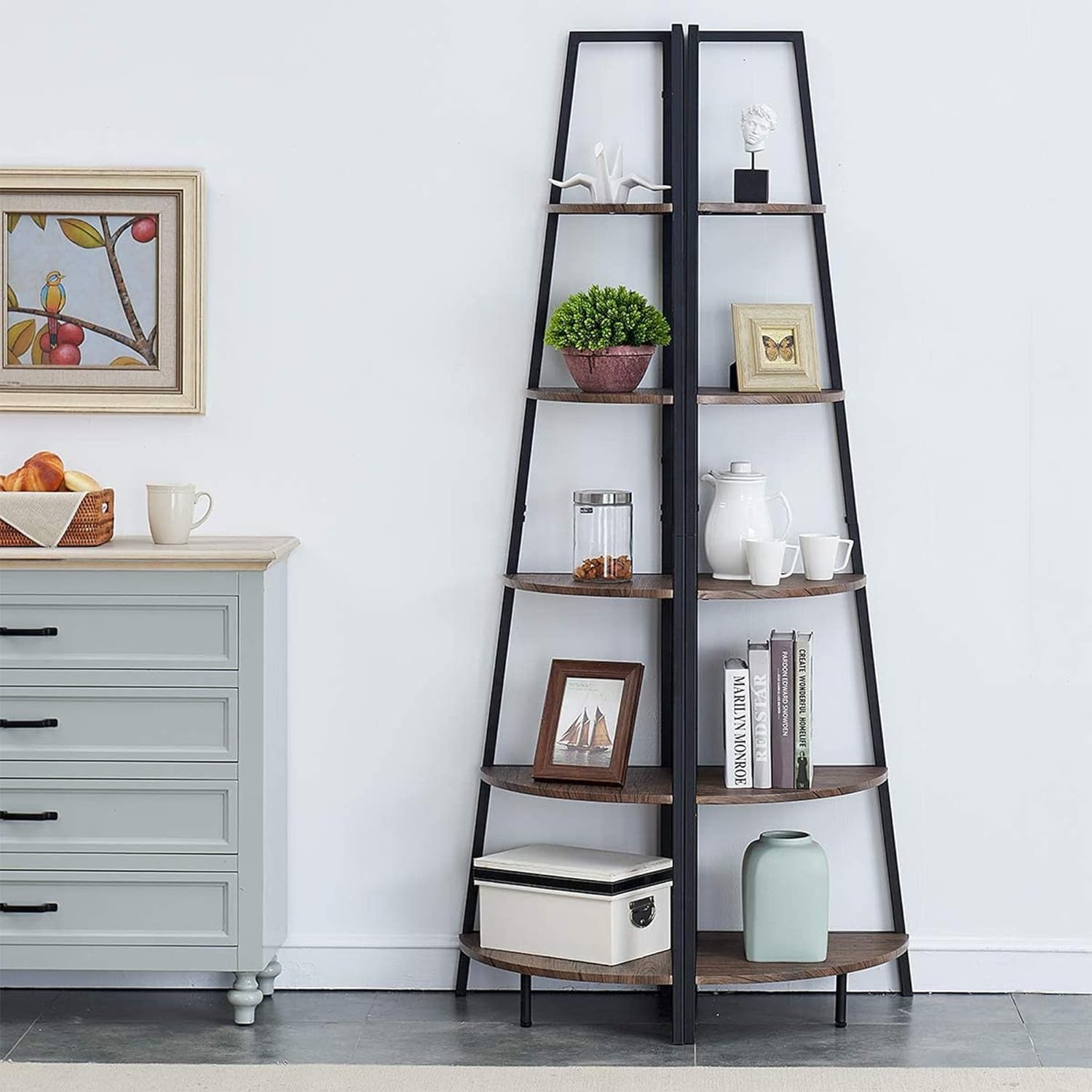 5-Shelf Corner Etagere Bookcase for Small Space, Industrial Tall Corner Bookshelf, Gray-Brown Finish