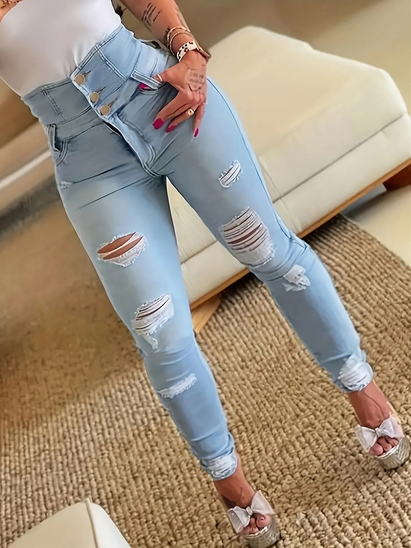 Ripped Holes Casual Skinny Jeans Autumn, Slash Pockets Distressed Single-Breasted Button High Waist Denim Pants