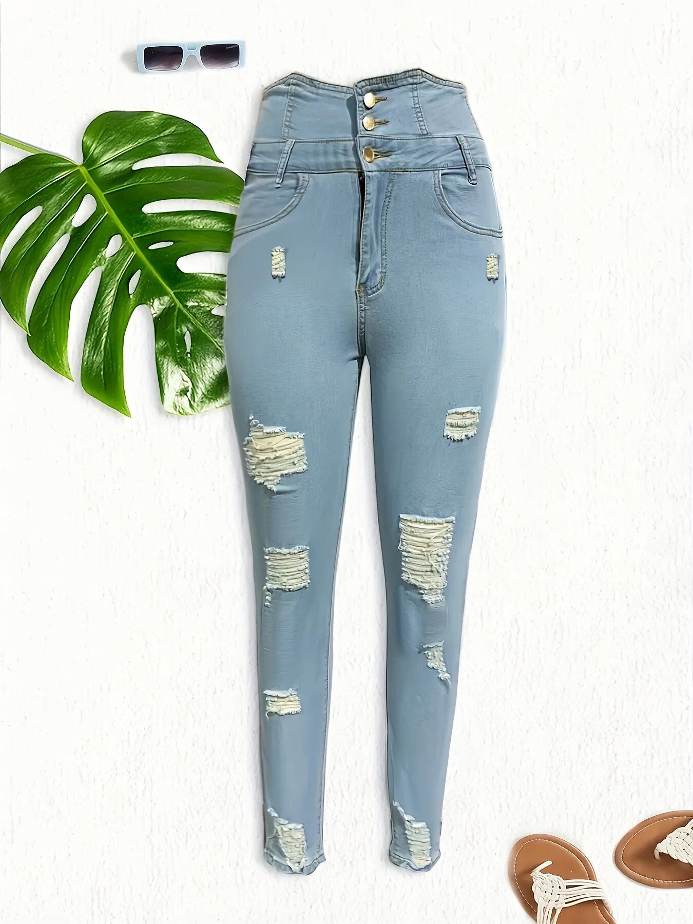 Ripped Holes Casual Skinny Jeans Autumn, Slash Pockets Distressed Single-Breasted Button High Waist Denim Pants
