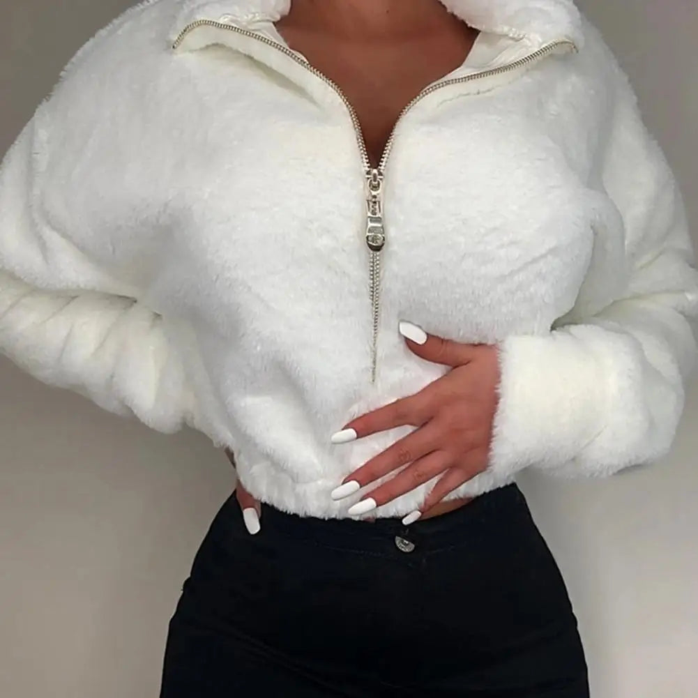 Pullover Faux Fur Women Sweatshirt Graceful Comfy Elegant Pure Color Plush Sweatshirt