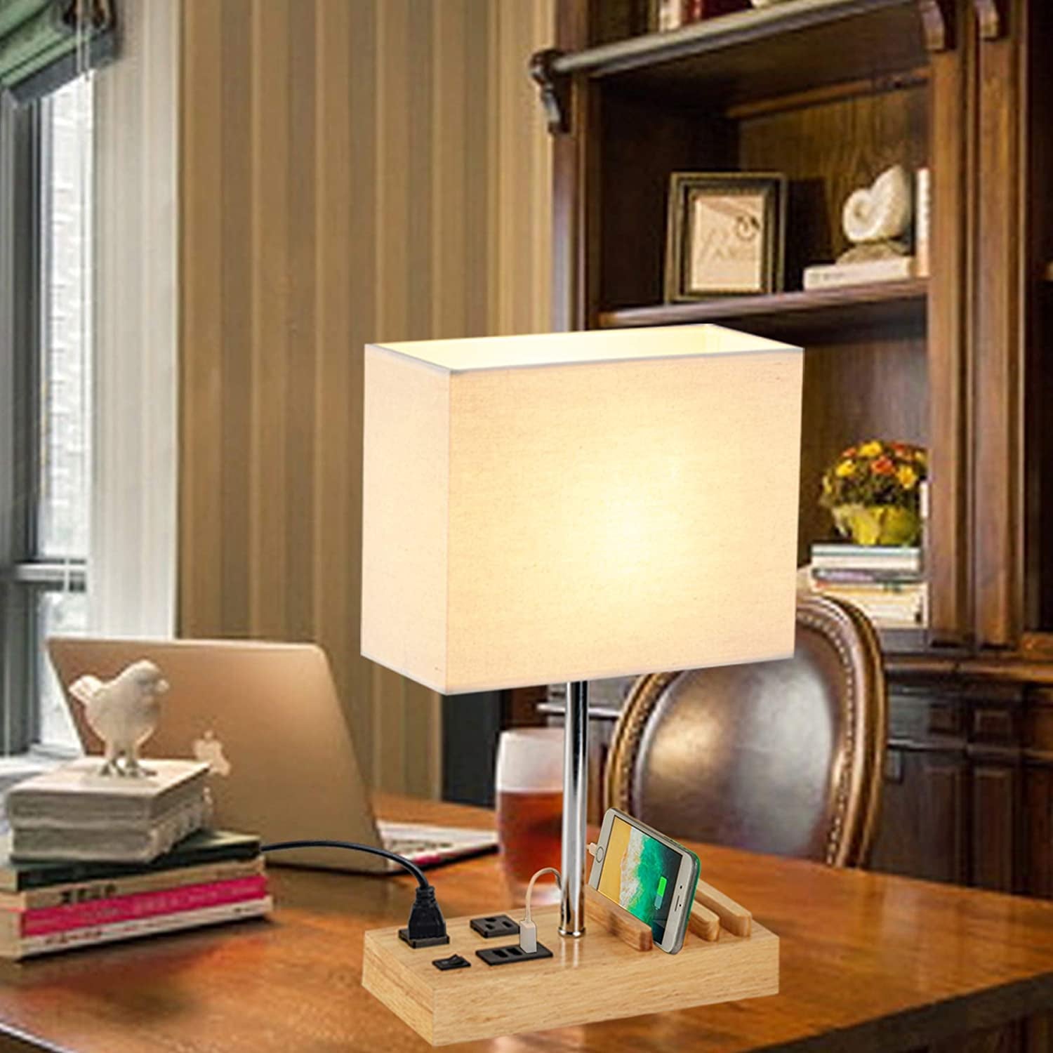 Desk Lamp with 3 USB Charging Ports, Table Lamp with 2AC Outlets and 3 Phone Stands, Nightstand Bedside Lamp with Natural Wooden Base and Cream Linen Shade