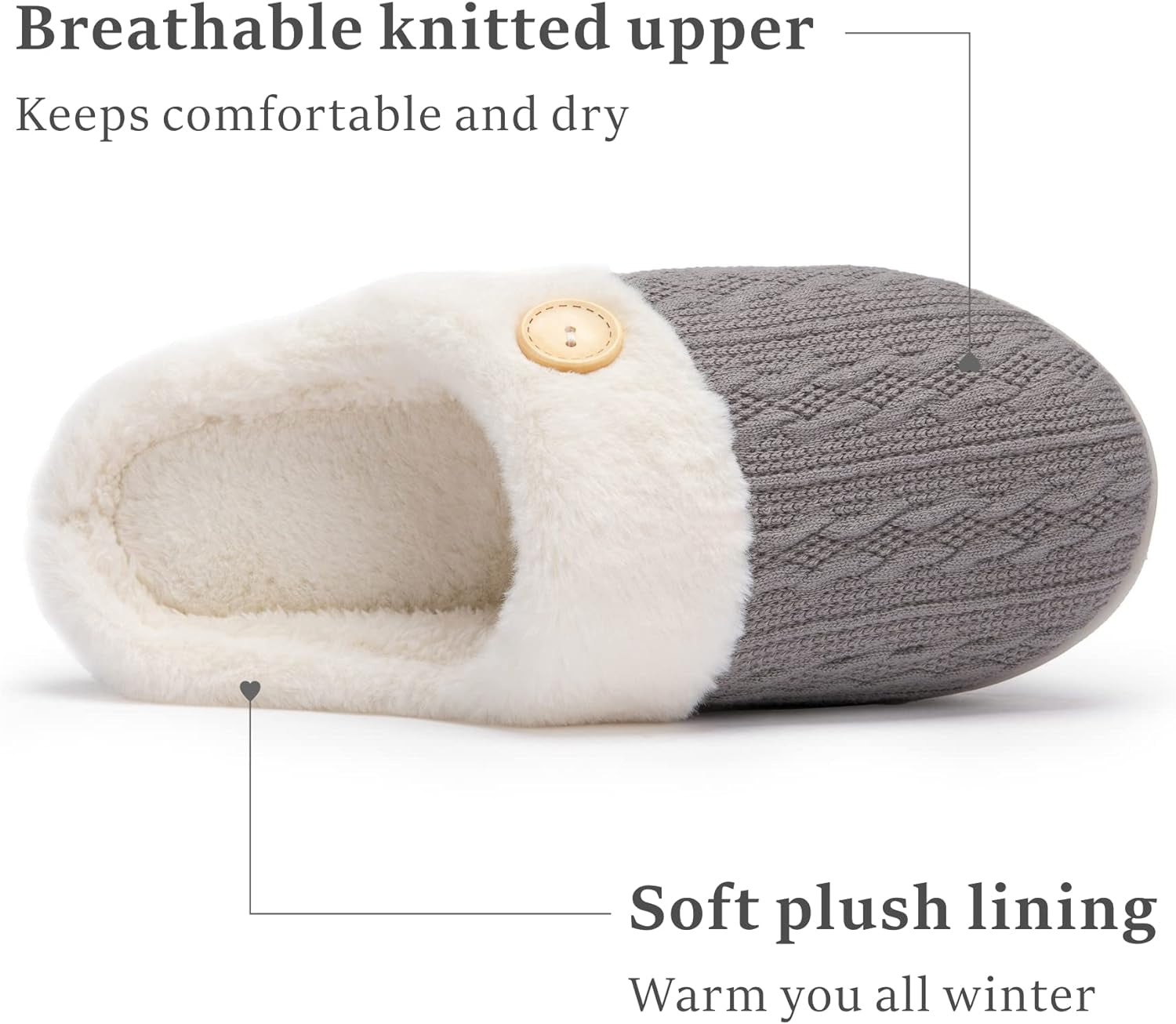 Womens Slipper Warm Comfy Memory Foam House Slippers Knitted Shoes Faux Fur Lined Anti-Skid Rubber Sole Bedroom Cozy Indoor Outdoor Slippers