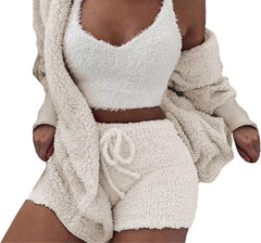 Women'S Sexy Fuzzy Fleece 3 Piece Outfits Pajamas Soft Sherpa Coat Jacket and Crop Top Shorts Set