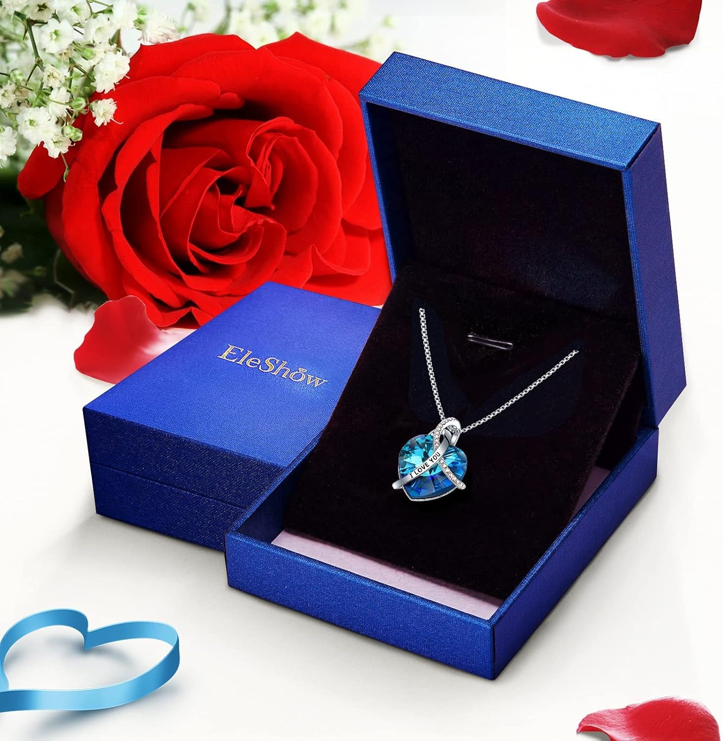 I Love You Heart Pendant Birthstone Crystal Necklaces Jewelry Gifts for Women, Brass, Crystal