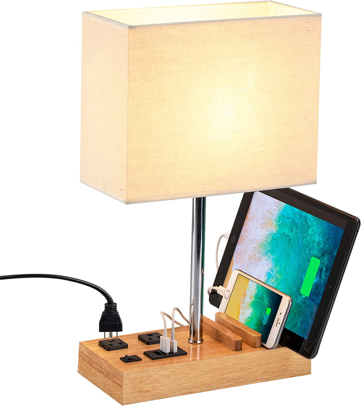 Desk Lamp with 3 USB Charging Ports, Table Lamp with 2AC Outlets and 3 Phone Stands, Nightstand Bedside Lamp with Natural Wooden Base and Cream Linen Shade