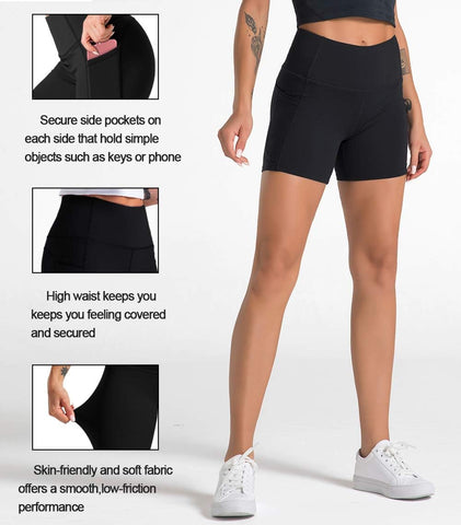 High Waist Yoga Shorts for Women with 2 Side Pockets Tummy Control Running Home Workout Shorts