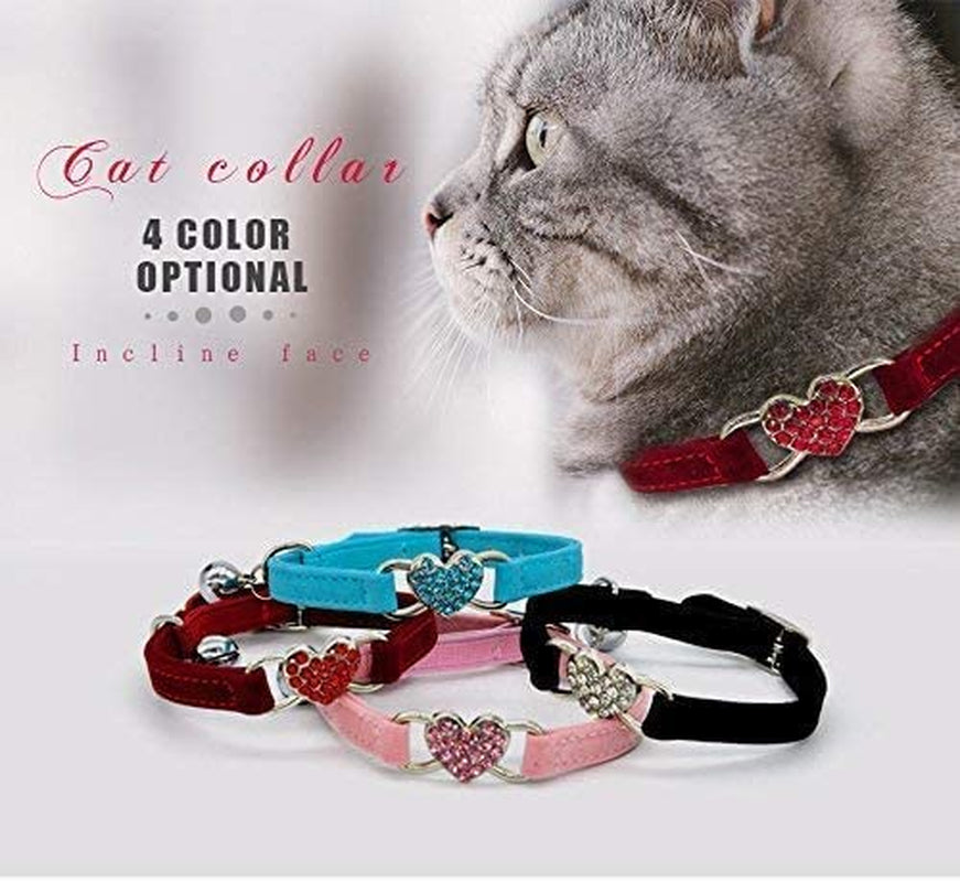 Pink Soft Velvet Safe Cat Adjustable Collar with Crystal Heart Charm and Bells 8-11 Inches(Black+Red+Pink+Blue)